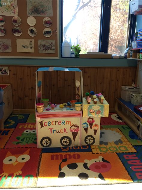 Ice cream truck made of big box & yogurt containers. It's a big hit for Toddlers, they learn colour sorting, counting & expressive language skills. It also encourage social interaction among their peers! As an ECE this makes me happy we all had fun in our classroom. Ice Cream Truck Dramatic Play, Cardboard Box Ice Cream Truck, Ice Cream Dramatic Play, Dramatic Play Center Ideas, Play Center Ideas, Play Preschool, Pretend Play Ideas, Play Ice Cream, August Themes