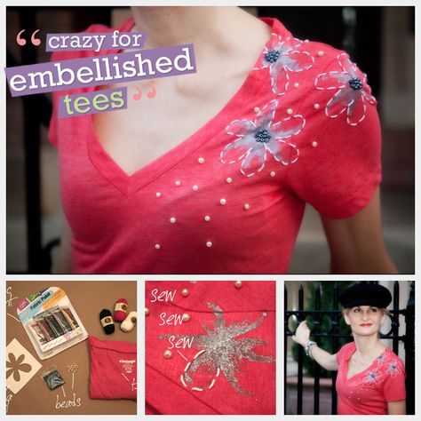 Create your own embellished t shirt with this simple and fun diy project. This t shirt has everything; hand painting, embroidery and beading. Tulip Fabric Paint, Distressed Tshirt Diy, Embellishment Ideas, Stencil Fabric, Upcycle Sewing, Refashion Clothes, Cool Diy Projects, Fabric Paint, Diy Shirt