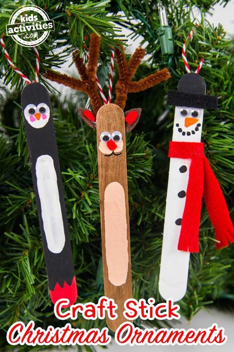 Stick Christmas Ornaments, Popsicle Stick Ornaments, Popsicle Stick Christmas Crafts, Stick Christmas Tree, Christmas Crafts For Kids To Make, Kids Christmas Ornaments, Christmas Tree Crafts, Popsicle Stick, Easy Christmas Crafts