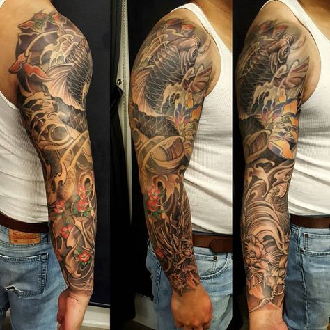 Dragon Tattoo Sleeve, Koi Dragon Tattoo, Koi Tattoo Sleeve, Koi Dragon, Yakuza Tattoo, Dragon Sleeve Tattoos, Full Sleeve Tattoo Design, Koi Tattoo, Koi Fish Tattoo