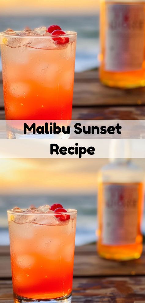 Tropical Malibu Sunset cocktail. Easy to make with rum, pineapple, and grenadine. Malibu Sunset Cocktail, Peach Schnapps Drinks, Cocktails With Malibu Rum, Malibu Rum Drinks, Malibu Pineapple, Malibu Cocktails, Rum Drinks Recipes, Malibu Drinks, Sunset Cocktail