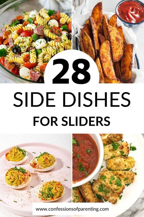 Don’t know what to serve with sliders at a party? These 28 mouthwatering ideas are just what you need! You and your guests will love these options! Pork Sliders Sides, Side Dishes For Sliders, What To Serve With Sliders, Sides For Roast Beef, Barbecue Sliders, Hamburger Sliders, Bbq Sliders, Chicken Parmesan Sliders, Cold Side Dishes