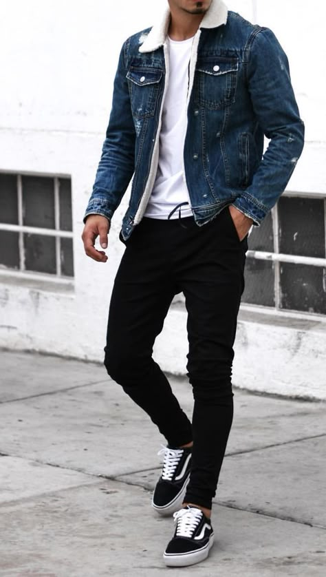 Streetwear Men Outfits Street Fashion, Blue Jean Jacket Outfits, Jean Jacket Outfits Men, Vans Outfit Men, Mens Winter Fashion Outfits, Outfits Men Streetwear, Drip Outfit Men, Street Jeans, Vans Converse