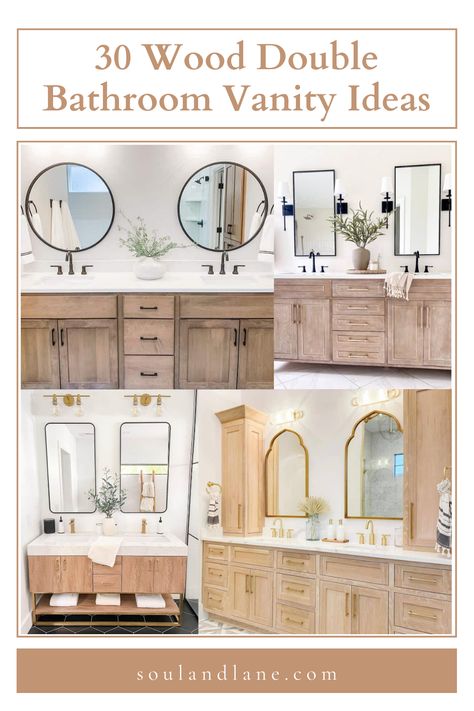 These vanities not only streamline morning routines but also serve as a statement piece in your bathroom decor. From the understated elegance of light oak to the rich depth of dark walnut, find the perfect wood double vanity that reflects your personal style and meets your functional needs. This guide will walk you through selecting the ideal wood finish, vanity style, and complementary fixtures to achieve a balanced and beautiful bathroom space. Get inspired to enhance your wood double vanity w Bathroom Ideas With Oak Vanity, Two Bathroom Vanities, Double Vanity Bathroom Ideas Master Suite, Natural Wood And White Bathroom, Double Vanity Bathroom Ideas Decor, Bathroom With Light Wood Vanity, Wood Vanity White Top, Wood Bathroom Vanity With Gold Hardware, Bathroom Double Vanity Lighting