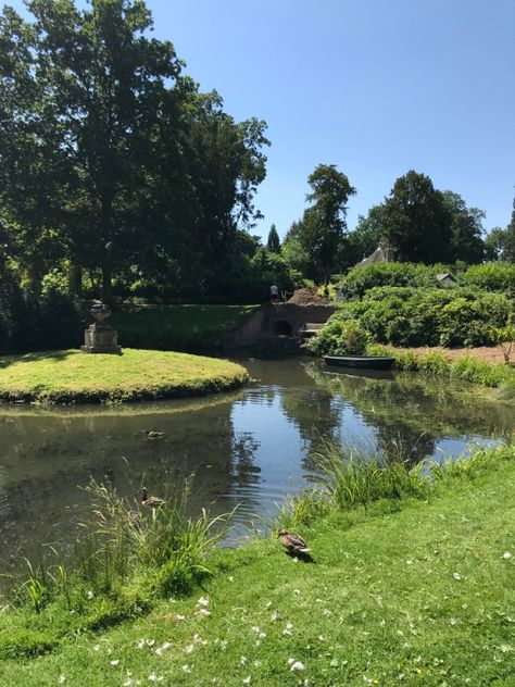 Pond With Island, Parisian Chateau, Well Painting, Backyard Ecosystem, Garden Pond Design, Pool Fountain, Fairy Style, Pond Design, Pretty Landscapes