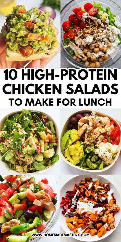 10 delicious easy and healthy high-protein chicken salad recipes that you can meal prep and eat for lunch this week! These healthy lunch salads use simple ingredients and are perfect to eat if you're trying to reach your fitness goals or lose weight. Healthy Lunch Salads, High Protein Chicken Salad, Healthy Lunch Salad, Healthy Chicken Salad Recipe, Easy Healthy Chicken, Healthy Chicken Salad, Lunch Salads, Chicken Salad Recipes, Healthy Salad