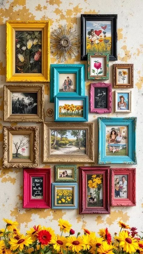 19 Absolutely Stunning Thrifted Gallery Wall Ideas - FowlFamily - DIY, Home Decor, Homestead Hallway Photo Gallery, Colourful Gallery Wall, Gallery Wall Inspiration, Wall Inspiration, Gallery Wall Ideas, Inspiration Wall, Wall Ideas, Picture Wall, Home Decorating