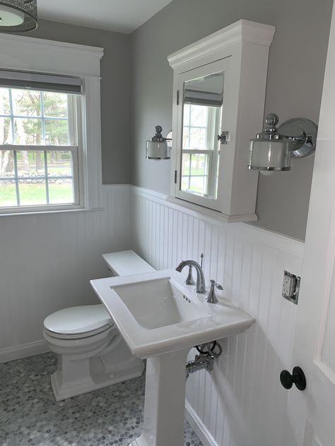 Grey Beadboard Bathroom, Farmhouse Bathroom Beadboard, Farmhouse Bathroom With Beadboard, Bathroom With Half Paneled Walls, Small Bathroom With Beadboard, Small Bathroom Ideas With Beadboard, Waines Coating Bathroom, Gray Beadboard Bathroom, Bathroom Remodel Beadboard