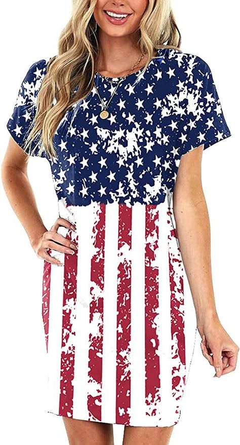 This Summer Dress Features Round Neck, Short Sleeves, and American Flag Printed Design, with Stars And Stripes Pattern, Show Your Patriotism. July 4th Dress Occasions - This Summer Dress is Suit for Daily Wear, Summer Beach Wear, 4th of July, Independence Day, American Themed Party, Memorial Day. #patrioticfashion #patriotic #fourthofjuly #independenceday #style American Themed Party, American Flag Dress, Spirit Week Outfits, Shirt Dress With Pockets, 4th Of July Dresses, Casual T Shirt Dress, Flag Dress, Patriotic Dresses, American Flag Print