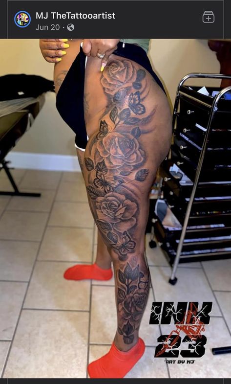 Front Leg Tattoo Black Women, Black Women Sleeve Tattoo Ideas Flowers, Leg Sleeve Tattoos Black Female, Leg Sleeves For Black Females, Most Attractive Tattoo For Women, Woke Tattoo Ideas, Legs Sleeve Tattoo Women, Pretty Thigh Tattoos Black Women, Thigh And Back Tattoo Women