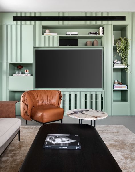 Living Room Paneling, Room Paneling, Floating Wood Vanity, Designed Living Room, Fabric Wall Panels, Paneling Ideas, Modern Apartment Interior, Light Green Walls, Paneled Walls