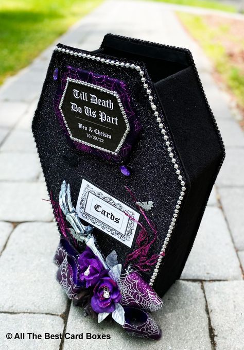 Goth Wedding Card Box Ideas, Coffin Card Box Wedding, Purple Halloween Wedding, Coffin Card, Black Dress Goth, Gothic Wedding Decorations, Halloween Wedding Decorations, Beetlejuice Wedding, Gothic Weddings