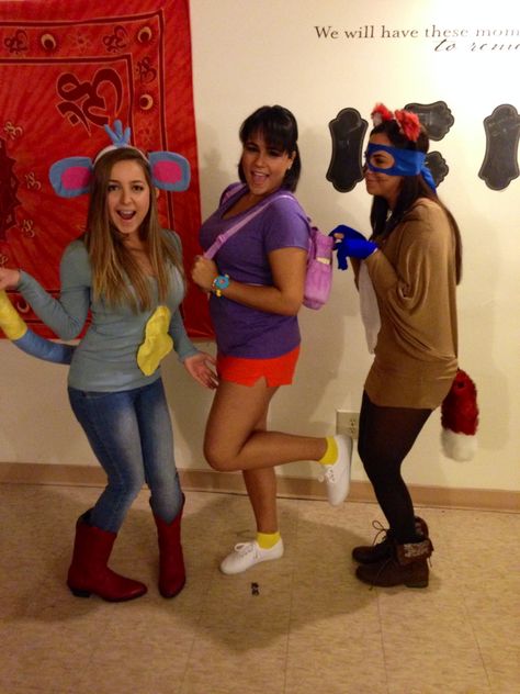 Dora the explorer, boots& swiper! #halloween #costumes Dora And Boots Costume, Boots From Dora, Dora Halloween Costume, Pac Man Halloween Costume, Fox Costume Diy, Dora The Explorer Boots, Teen Halloween Costumes, Dora The Explorer Costume, Dora Costume