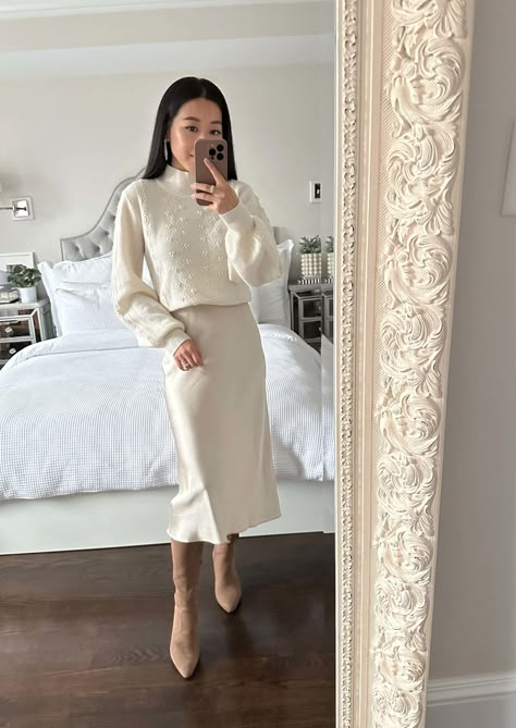 Sweater Silk Skirt Outfit, Slip Skirt Outfit Winter, Silk Skirt Outfit Winter, Silk Skirt And Sweater, Cream Skirt Outfit, Satin Skirt Outfit Winter, Satin Skirt Outfit Classy, Skirt Boots Outfit, Skirt Outfits With Boots