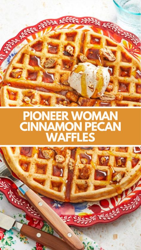 Pioneer Woman Cinnamon Pecan Waffles is made with whole milk, active dry yeast, unsalted butter, vanilla, light brown sugar, kosher salt, all-purpose flour, cinnamon, eggs, and pecans.

This delicious Cinnamon waffle recipe creates a tasty breakfast that takes about 8 hours to prepare (with overnight rest) and can serve up to 4 people. Pioneer Woman Waffles Recipe, Pecan Waffles Recipe, Cinnamon Waffle Recipe, Pioneer Woman Breakfast, Pecan Waffle Recipe, Cinnamon Waffles Recipe, Pioneer Kitchen, Pecan Waffles, Cinnamon Waffles