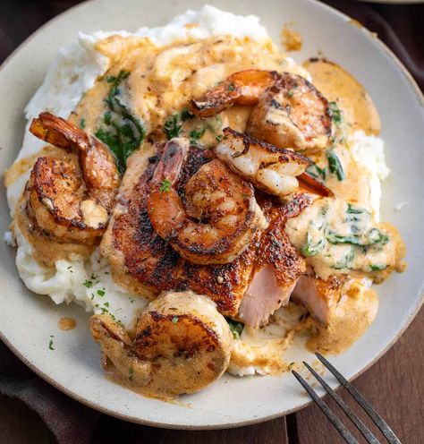 Cajun Salmon and Shrimp Easy Salmon And Shrimp Recipes, Shrimp Recipes With Mashed Potatoes, Salmon Dishes Dinners Meals, One Pan Seafood Meals, Creamy Shrimp And Mashed Potatoes, Shrimp Topped Salmon, Stuffed Potatoes With Shrimp, Sweet Potatoes And Shrimp, Seafood Cheese Sauce