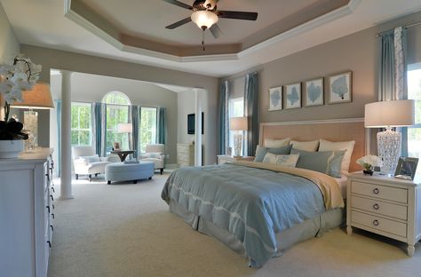 Spacious and airy master bedroom with tray ceiling.  © 2014 Copyright. Ryan Homes Big House Bedrooms, Big Fancy Bedrooms, Spacious Rooms Bedrooms, Big Bedrooms Aesthetic, Bedroom Big Aesthetic, Bedroom Layout Big Room, Grand Bedroom Ideas, Huge Bedroom Design, Dream House Master Suite