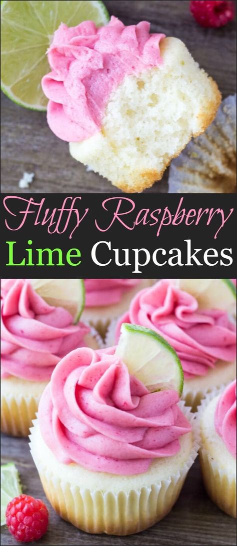 These Raspberry Lime Cupcakes are so pretty and have such a fun flavor combo. They start with moist vanilla cupcakes with a fresh hint of lime, then they're frosted with raspberry buttercream made from fresh berries. Cupcake Receptek, Moist Vanilla Cupcakes, Lime Cupcakes, Savory Cakes, Oh Sweet Basil, Raspberry Buttercream, Dessert Aux Fruits, Salty Cake, Oreo Dessert