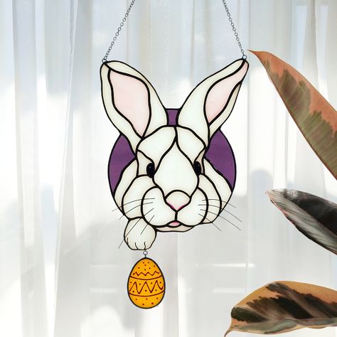 Bunny Suncatcher, Glass Easter Eggs, Unique Easter Gifts, Unique Window, White Bunny, Bunny Art, Coloring Easter Eggs, Window Art, Stained Glass Patterns