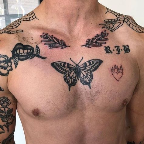 20+ Fabulous Chest Tattoo Men Ideas That Timeless All Time ... #tattoos #chesttattoos #tattoo Chest Tattoo With Meaning, Mens Butterfly Tattoo, Black Butterfly Tattoo, Butterfly Tattoo Meaning, Small Chest Tattoos, Cool Chest Tattoos, Pieces Tattoo, Chest Tattoos, Chest Tattoos For Women