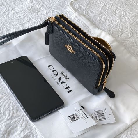 Item: Wallet (Phones Are Not Included Used For Size Reference) Brand: Coach / Double Zip Condition: New With Tags Priced: $108.00 Color: Black - Gold Size: 6 1/2" (L) X 3 3/4" (H) X 1 3/4" (W) Details: Refined Pebble Leather Two Credit Card Slots Double Zip Closure, Fabric Lining Wrist Strap Attached Style No. 6649 I Hope You Love It Too... Coach Double Zip Wristlet, Travel Wallets For Women, Coach Wallets, Fun Wallets, Wrist Wallet, Black Leather Clutch, Cute Wallets, Black Wristlet, Girly Bags