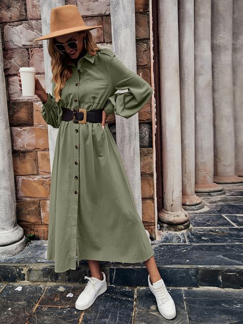 Army Green And Cream Outfits, Long Button Down Dress Outfits, Green Linen Dress Outfit, Green Shirt Dress Outfit, Olive Green Outfit Ideas, Olive Green Outfits, Olive Green Shirt Outfit, Army Green Dress Outfit, Olive Green Dress Outfit