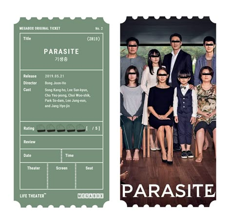 Cinema Ticket Design, Movie Ticket Design, Parasite Movie, Ticket Cinema, Lee Sun Kyun, Software Art, Park So Dam, Song Kang Ho, Movie Ticket