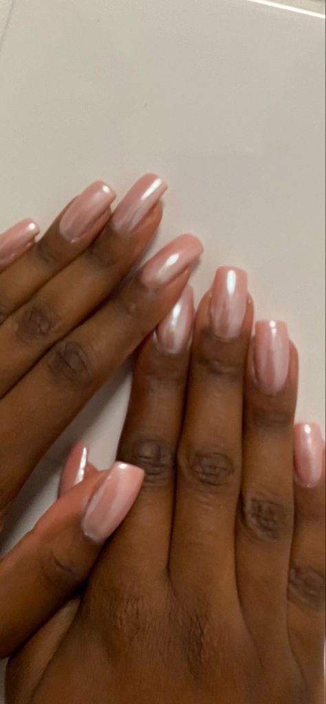 Pearlized Pink Nails, Soft Pink Almond Nails Black Women, Crome Pink Nails, Chrome Nails On Dark Skin, Pink Chrome Nails On Brown Skin, Baby Pink Nails Black Women, Natural Pink Nails Black Women, Light Pink Chrome Nails, Light Pink Chrome