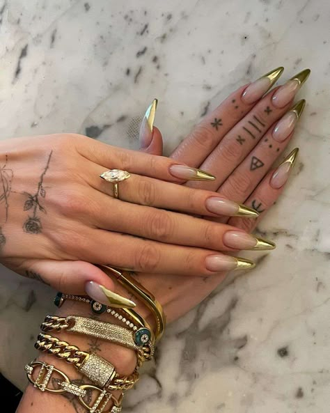 Gold French Tip Stiletto Nails, Chaun Legend Nails, Gold Chrome French Tip Nails, Nurse Nails, Gold Stiletto Nails, Gold Chrome Nails, Almond Acrylic, Beauty Vibes, Baddie Nails