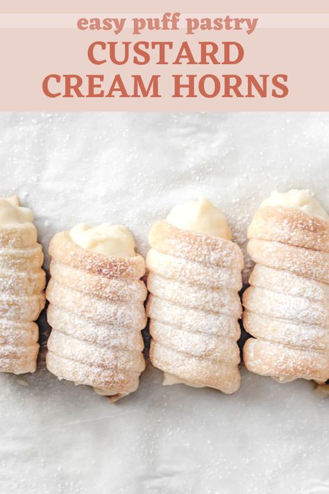 Easy flaky Custard Cream Horns made with puff pastry and filled with vanilla custard! An easy puff pastry dessert, perfect for the Holidays, baby showers, date nights, or Valentine's day! | | Cream Horn Filling Recipe. Christmas Baking Ideas. Cream horns recipe puff pastries. Desserts with puff pastry sheets. Italian cream stuffed cannoncini. Italian custard cream cannolis. Easy Dessert Recipes. Cream Horn Filling Recipe, Cream Horn Filling, Desserts With Puff Pastry Sheets, Desserts With Puff Pastry, Easy Puff Pastry Desserts, Italian Custard, Easy Puff Pastry Recipe, Puff Pastry Recipes Dessert, Pastries Recipes Dessert