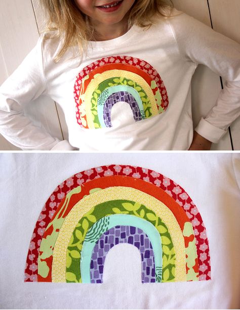 DIY applique rainbow shirt form aliceandlois.com Must so this for next year! Rainbow Applique, Diy Applique, Diy Clothes Videos, Diy Rainbow, Sewing Bee, Rainbow Crafts, Applique Shirts, Sewing Appliques, Rainbow Shirt