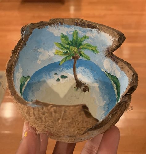 Art On Coconut Shell, Coconut Shell Painting, Coconut Painting, Shell Paintings, 3d Portfolio, Waste Art, Coconut Shell Crafts, Shell Painting, Tree Watercolor Painting