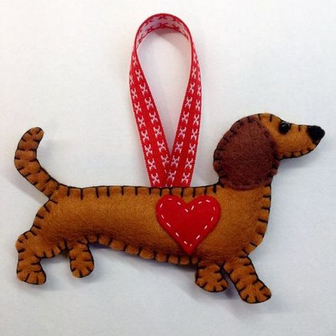 Felt Dachshund Ornament Valentine's Day Sausage by FrecklesFelts Weiner Dog Felt Ornament, Felt Sausage Dog, Felt Dachshund, Felt Dog Ornament, Felt Ornaments Diy, Dachshund Ornament, Felt Dog, Felt Ornaments Patterns, Felt Dogs