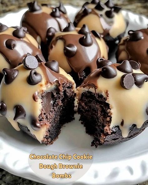 Daily Recipes and Tips 😋 The Original | 🍫 Chocolate Chip Cookie Dough Brownie Bombs 🍫 | Facebook Chocolate Chip Cookie Dough Brownie Bites, Cookie Dough Brownie Bites, Brownie Cake Balls, Chocolate Chip Cookie Dough Brownies, Chocolate Cookie Dough, Daily Recipes, Delicacy Food, Easy Baking Recipes Desserts, Tasty Baking