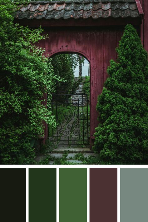 The deep red of the wooden gate is complemented by the lush greens of the surrounding plants, while the grey stones add a grounding element to the scene. This palette exudes a serene and natural atmosphere. Colors That Go With Green, Green And Grey Color Scheme, Forest Color Palette, Nature Palette, Color Scheme Generator, Earth Colour Palette, Color Palets, Tone Color Palette, Earth Tone Color Palette