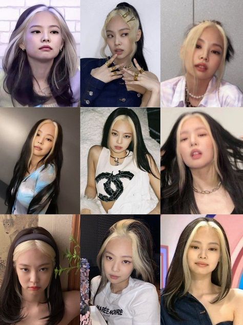 Jennie Kim Two Toned Hair, Jennie Highlight Hair, Kpop Two Tone Hair, Jennie Two Tone Hair, Jennie White Hair, Jennie Bangs, Wispy Bangs Round Face, White Streak In Hair, Bloom Core