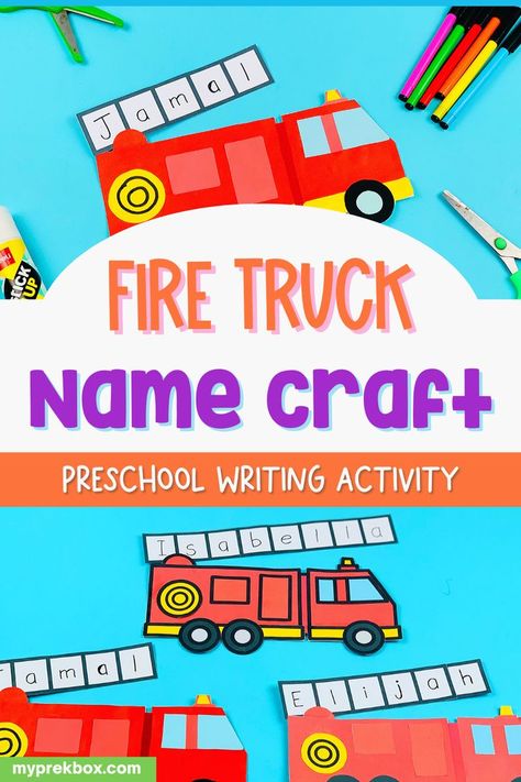 If your kid wants to be a firefighter, or simply loves fire trucks, you should definitely get this FREE Firetruck Name Craft! Learn more about this craftivity and how to get it for free in this article. This is a great activity for your kids to learn to write their own names. #writingpractice #preschoolliteracy For more fun learning at home activities for preschoolers, go to www.myprekbox.com Home Activities For Preschoolers, Preschool Name Writing, Name Craft Preschool, Fire Safety Theme Preschool, Fire Safety Kindergarten, Fire Truck Activities, Fire Safety Preschool Crafts, Fire Safety Crafts, Fire Truck Craft