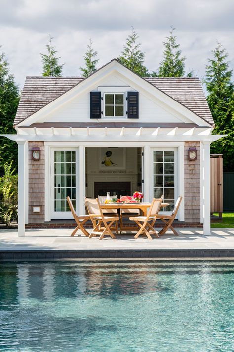 Romantic Vineyard Residence - Patrick Ahearn Architect Hamptons Pool, Patrick Ahearn Architect, Patrick Ahearn, Pool Guest House, Cottage Backyard, Pool House Designs, Brick Chimney, Pool Cabana, Backyard Decor