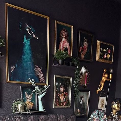 The Witch’s Hearth on Instagram: "How do you feel about whimsical, eclectic maximalism?💜  Photo credit: @thetruthbehindthe_decor   #whimsigoth#maximalism#maximalistinteriors#eclectic #eclecticdecor#witchy#witchyvibes#witchyhome" Moody Maximalist Shelves, Moody Maximalist White Wall, Moody Maximalist Bookshelf, Maximalist Decor Taxidermy, Moody Maximalist Wall Art, Moody Eclectic, Midnight Margaritas, Eclectic Maximalism, Goth Glam