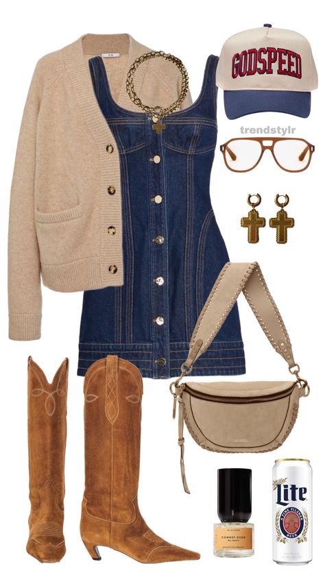 Trendstylr on LTK Claire Kittle Outfit, Flatland Cavalry Concert Outfit, Megan Moroney Concert Outfit Ideas, Western Denim Outfit, Western Work Outfits Women, Cute Summer Party Outfits, Denim Concert Outfit, Country Concert Outfit Denim, Denim Dress With Boots