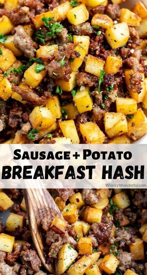 This Sausage and Potatoes Breakfast Hash Recipe is an easy 2 ingredients meal. Ground pork sausage and fried potatoes will keep you full well into your day. #breakfastrecipes #breakfasthash #sausagerecipes #potatorecipes #brunchrecipes Breakfast Sausage Potatoes, Hash Recipes Dinner, Leftover Breakfast Sausage Recipes, Sausage Leftovers, Sausage Potato Skillet, Leftover Sausage Recipes, Pork Sausage Recipes Dinner, Grinch Dinner, Leftover Sausage