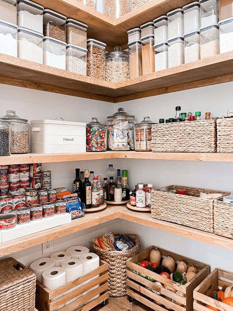 Open Shelving Walk In Pantry, Open Face Pantry, Walk In Corner Pantry Ideas Layout, Pantry L Shaped Shelves, Corner Pantry Organization Ideas Walk In, Pantry Shelving Dimensions, L Shape Pantry Organization, Corner Pantry Makeover Diy, Pantry Floor Organization