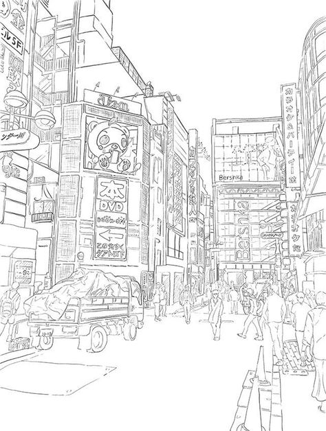 Tokyo Coloring Pages, Tokyo Street Drawing, Street Style Drawing, Tokyo Drawing, Tokyo Streets, Bobbie Goods, Street Tattoo, Japan Landscape, Tokyo City