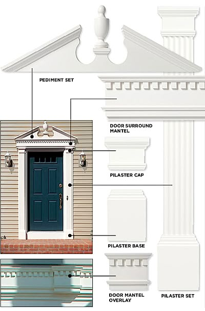 Pvc Window Trim, Front Door Upgrade, Front Porch Portico, Exterior Entryway Ideas, Colonial Front Door, Front Door Molding, Exterior Door Trim, Exterior Entryway, Accent Door