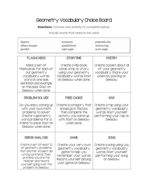 Seesaw Activity - Geometry Vocabulary Choice Board Vocabulary Choice Board, Obtuse Triangle, Geometry Vocabulary, Vocabulary Instruction, Choice Board, Choice Boards, Kindle Fire, Elementary Classroom, Vocabulary