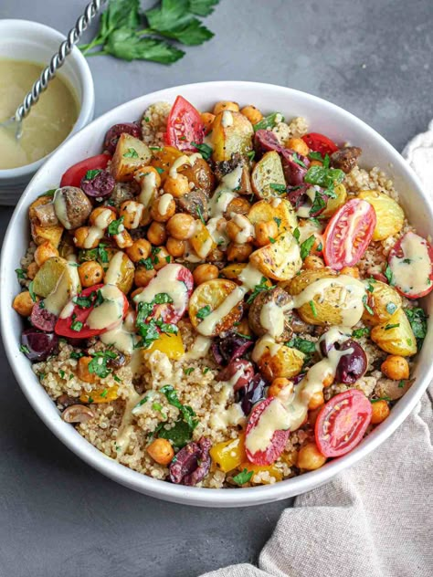 Vegan Honey Mustard Dressing, Vegan Honey Mustard, Vegetable Quinoa Salad, Mediterranean Salads, Vegan Honey, Moroccan Salad, Vegetable Quinoa, Roasted Potato, Spiced Chickpeas