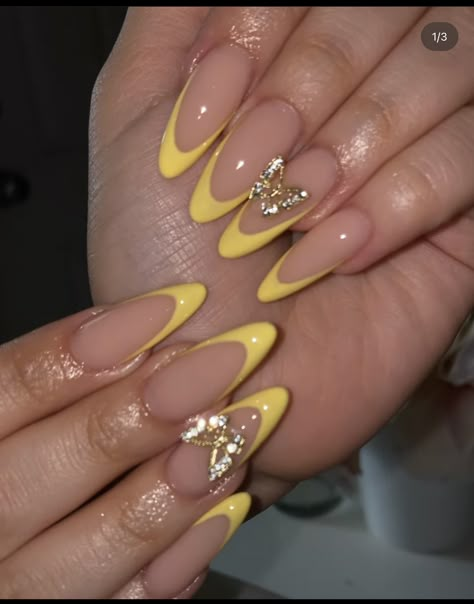 Coffin Shape Nails, Acrylic Nails Coffin Pink, Her Nails, Unique Acrylic Nails, Short Acrylic Nails Designs, Butterfly Nail, Pink Acrylic Nails, Oval Nails, Yellow Nails