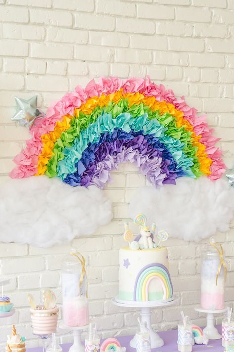 DIY Rainbow Party Backdrop using different colored paper napkins and white fluff. So clever! Don’t miss all the Unicorn Birthday Party Ideas at Mint Event Design www.minteventdesign.com #unicornparty #birthdayparty #birthdaypartyideas #pastelrainbow #desserttable #partybackdrop Rainbow Unicorn Birthday Party, Unicorn Birthday Party Decorations, Rainbow Unicorn Party, Unicorn Themed Birthday Party, Rainbow Parties, Rainbow Unicorn Birthday, Birthday Party Printables, Unicorn Party Decorations, Unicorn Birthday Party