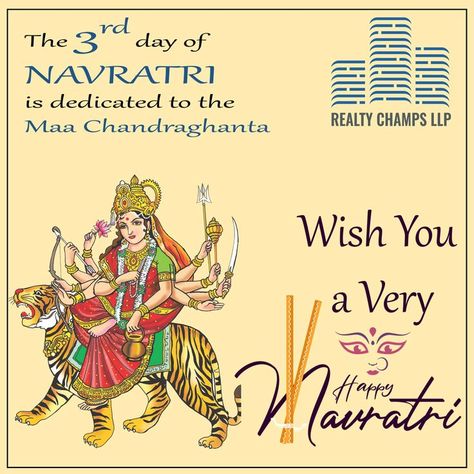 The 3rd day of Navratri is dedicated to the Maa Chandraghanta. #HappyNavratri #RealtyChamps 3rd Day Of Navratri, Maa Chandraghanta, Diwali Greetings Images, Diwali Greetings, Navratri Images, Good Morning God Quotes, Happy Navratri, Indian Gods, Very Happy