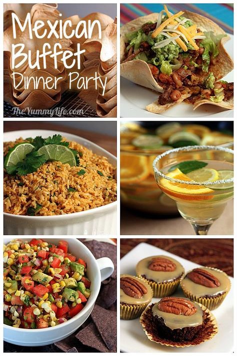 Mexican Buffet Dinner Party. Make-ahead recipes and planning tips for a fun, stress-free party. TheYummyLife.com Tacobar Party, Buffet Dinner Party, Mexican Dinner Party, Birthday Dinner Menu, Mexican Party Food, Taco Bar Party, Mexican Buffet, Buffet Party, Dinner Party Themes